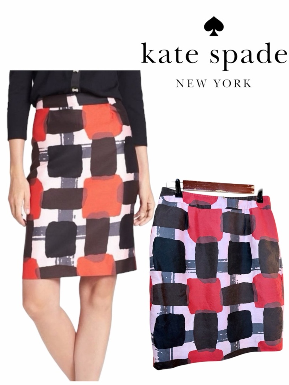 Kate Spade Red & Black Geometric Print Pencil Skirt Womens size 6